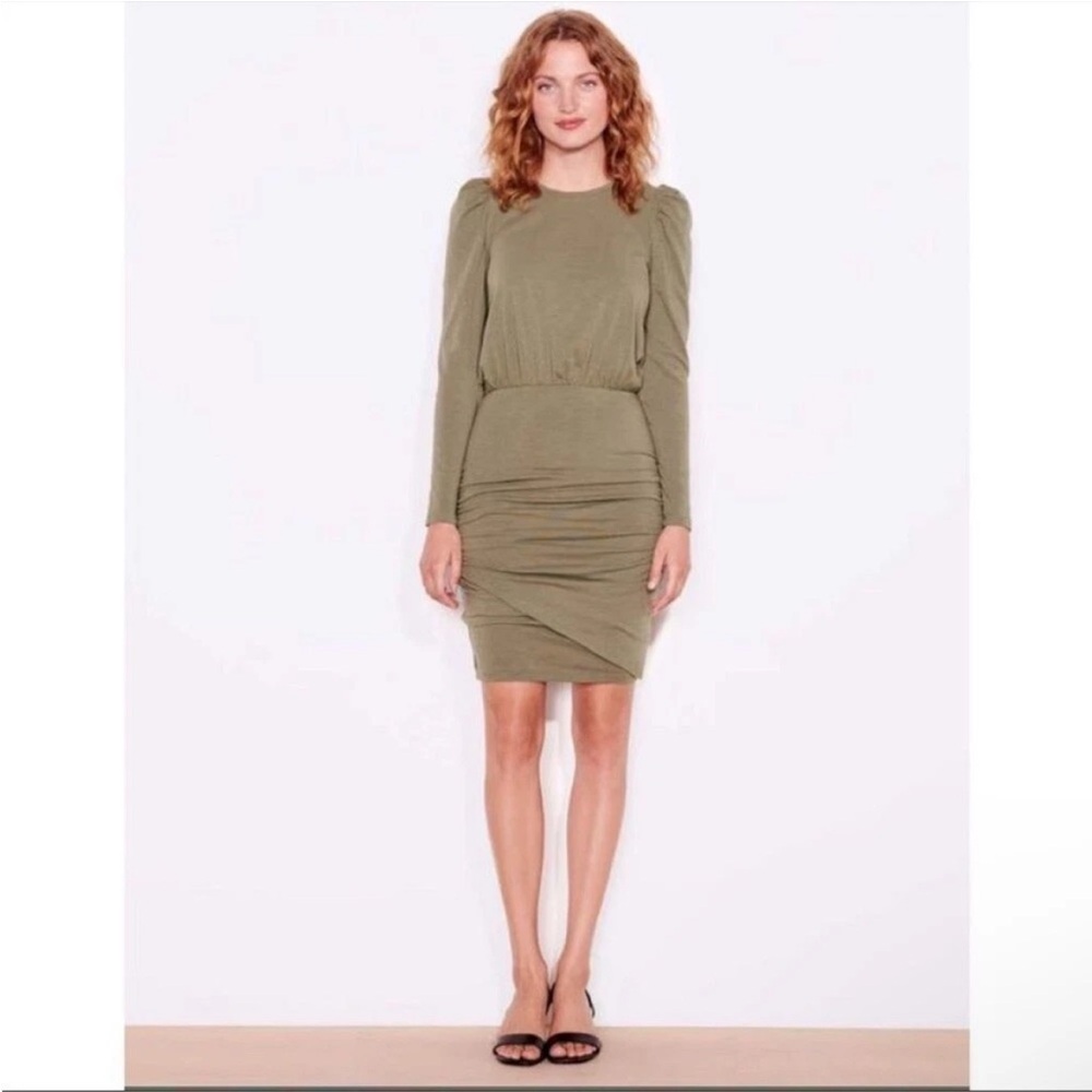 Sundry Anthropologie Ruched Mini Dress Olive Green Long Sleeve Size 1 S Small